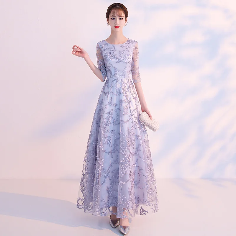 Champagne Elegant Evening Dress Pink Lace Appliques Evening Dresses Short Student Birthday Evening dress for Women ES2582 - Цвет: Grey-Long