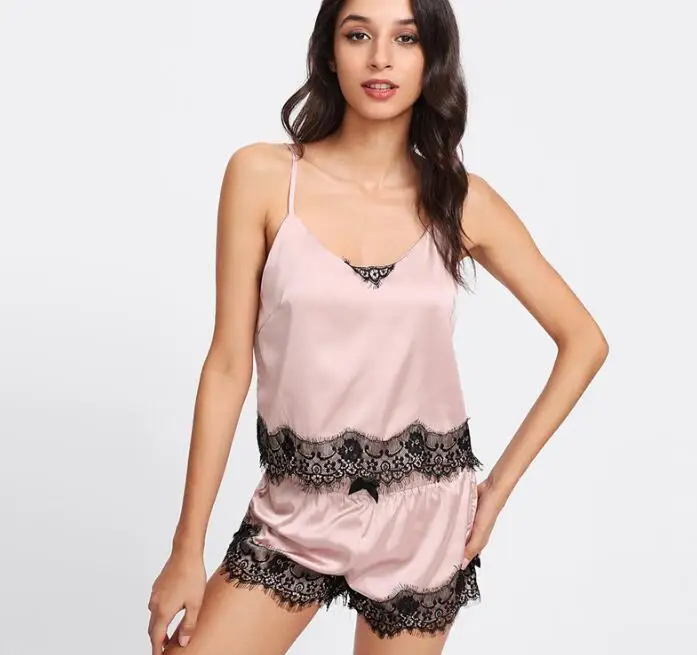 Pink Sling Lace Applique Satin Cami Top and Shorts Pajama Set Fall Womens Casual V-neck Sleepwear Pajama Set Summer