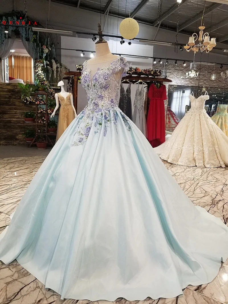 Sky Blue Satin Flowers Appliques Crystal Luxury Long Evening Dresses 100% Real Gown 2021 Vestido De Festa KC602 | Свадьбы и