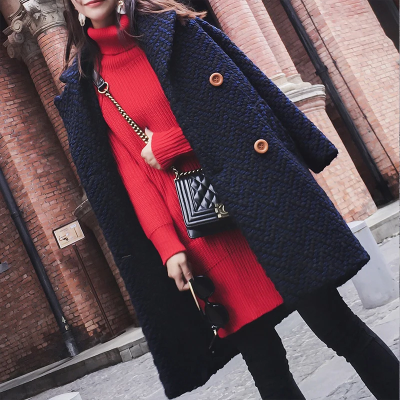 Осень и зима новый шерстяное пальто студентов в тип решетки длинный участок