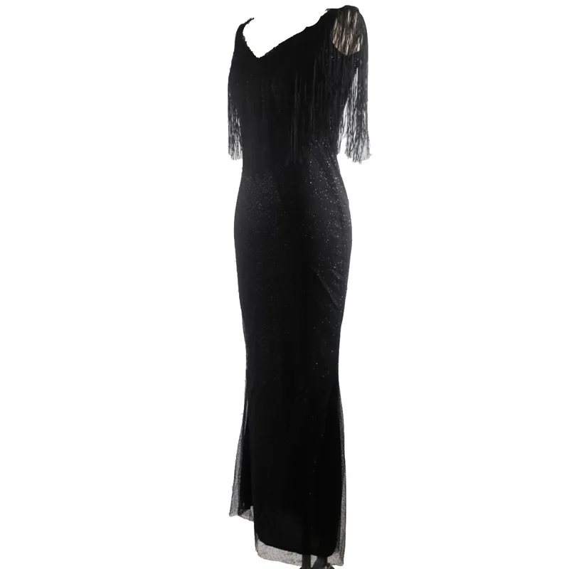 

Raisevern Black Tassel One Shoulder Fishtail Dress Sleeveless Long Wedding/party Dress Women Elegant Evening Party Dress
