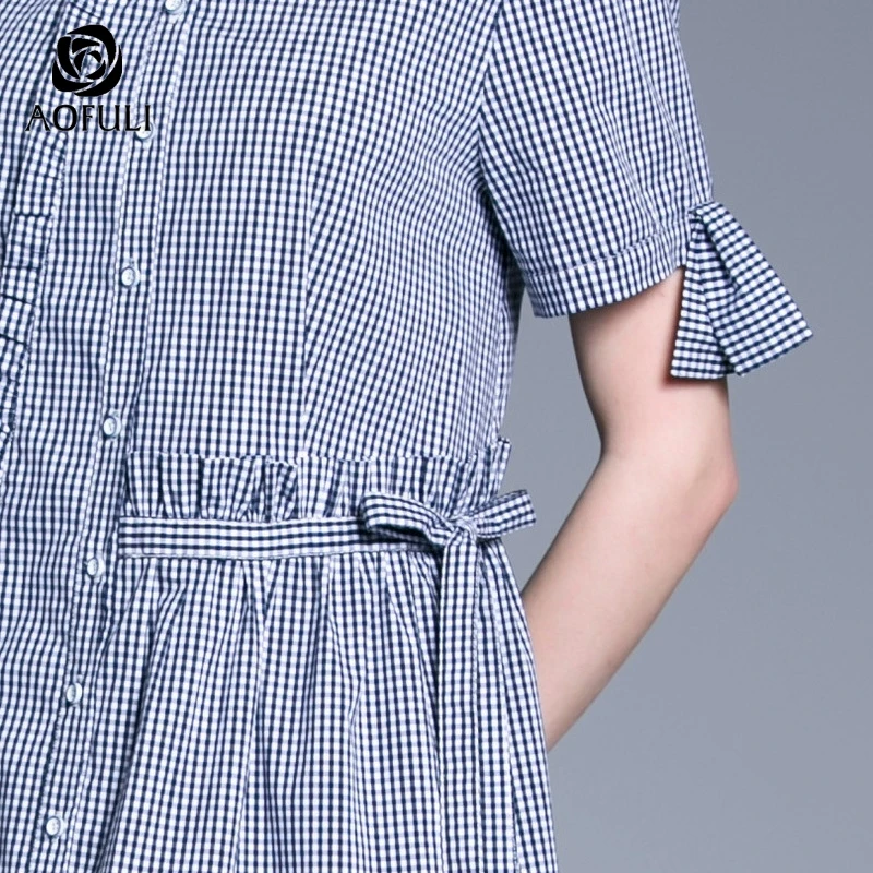 Платье-рубашка AOFULI L ~ 3XL 4XL клетчатое с принтом летнее коротким рукавом