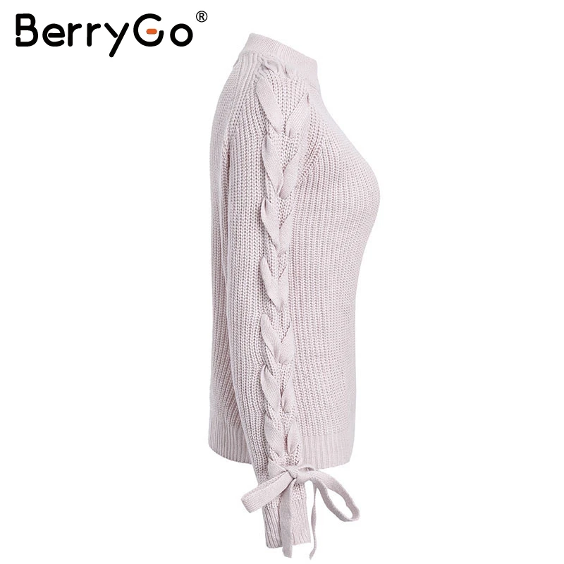Женский Повседневный вязаный свитер BerryGo розовый джемпер с круглым вырезом на