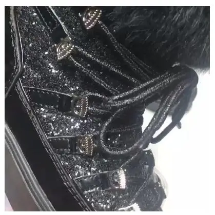black Botas Mujer; Серебристые зимние ботинки из натуральной кожи и шерсти; женские короткие зимние ботинки на шнуровке; женская теплая обувь; ботинки на платформе с мехом внутри - Цвет: black
