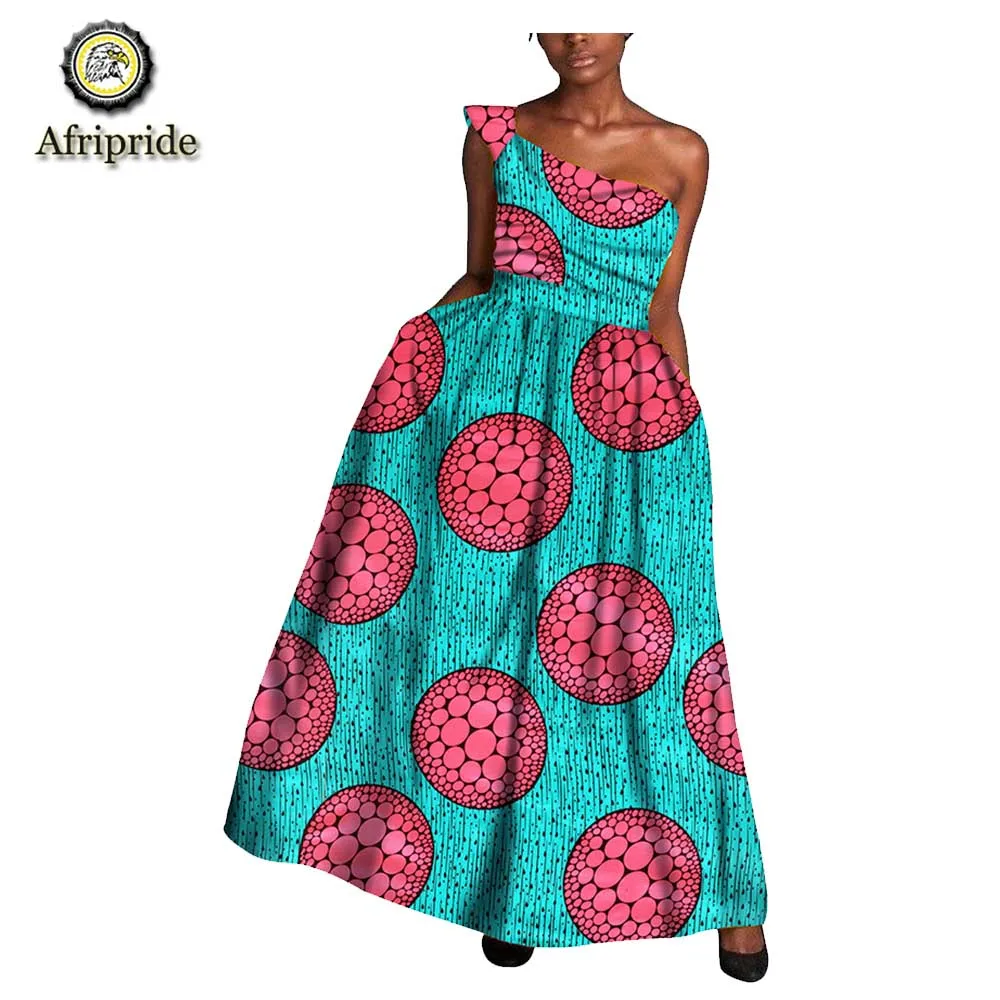 

2018~2019 African women dress pure cotton bazin riche one-shoulder Longuette African ankara print dashiki AFRIPRIDE S1825036