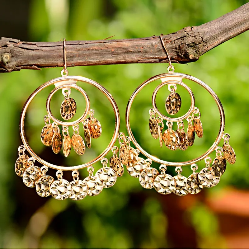 TopHanqi богемные золотые индийские серьги jhumkas, очаровательные модные ювелирные изделия, большие круглые металлические серьги-подвески с блестками для женщин