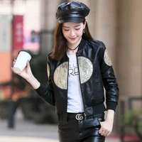 short jacket female embroidery leather outerwear students baseball uniform washed leather beading fashion short jackets wq2135