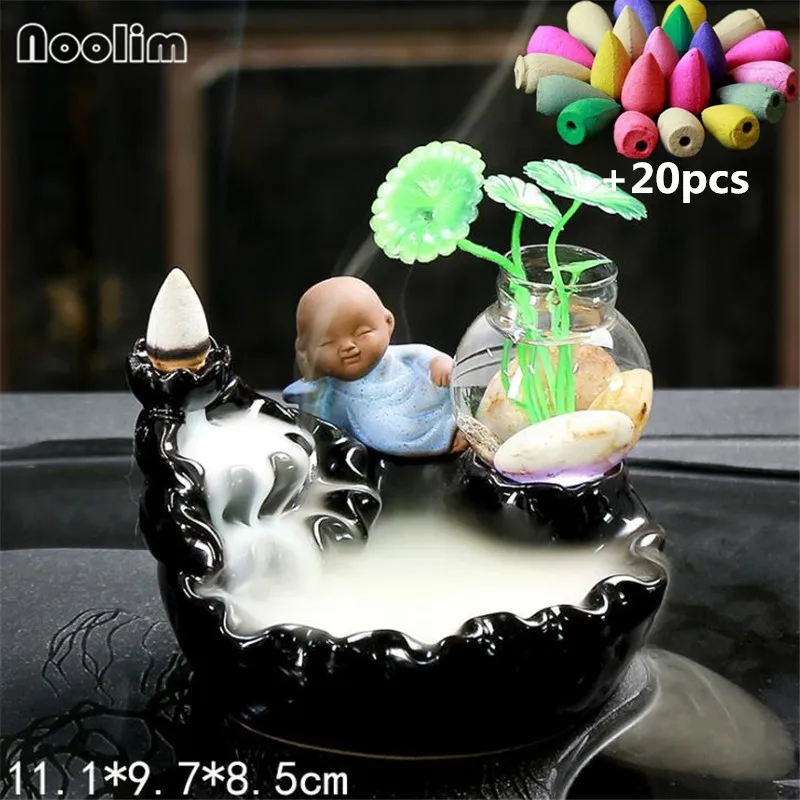 With 20pcs mixed-C Маленький монах обратного потока ладан горелка водопад со светодиодный светильник стеклянная ваза зеленое растение, украшение для дома кадильница для ароматерапии - Цвет: With 20pcs mixed-C