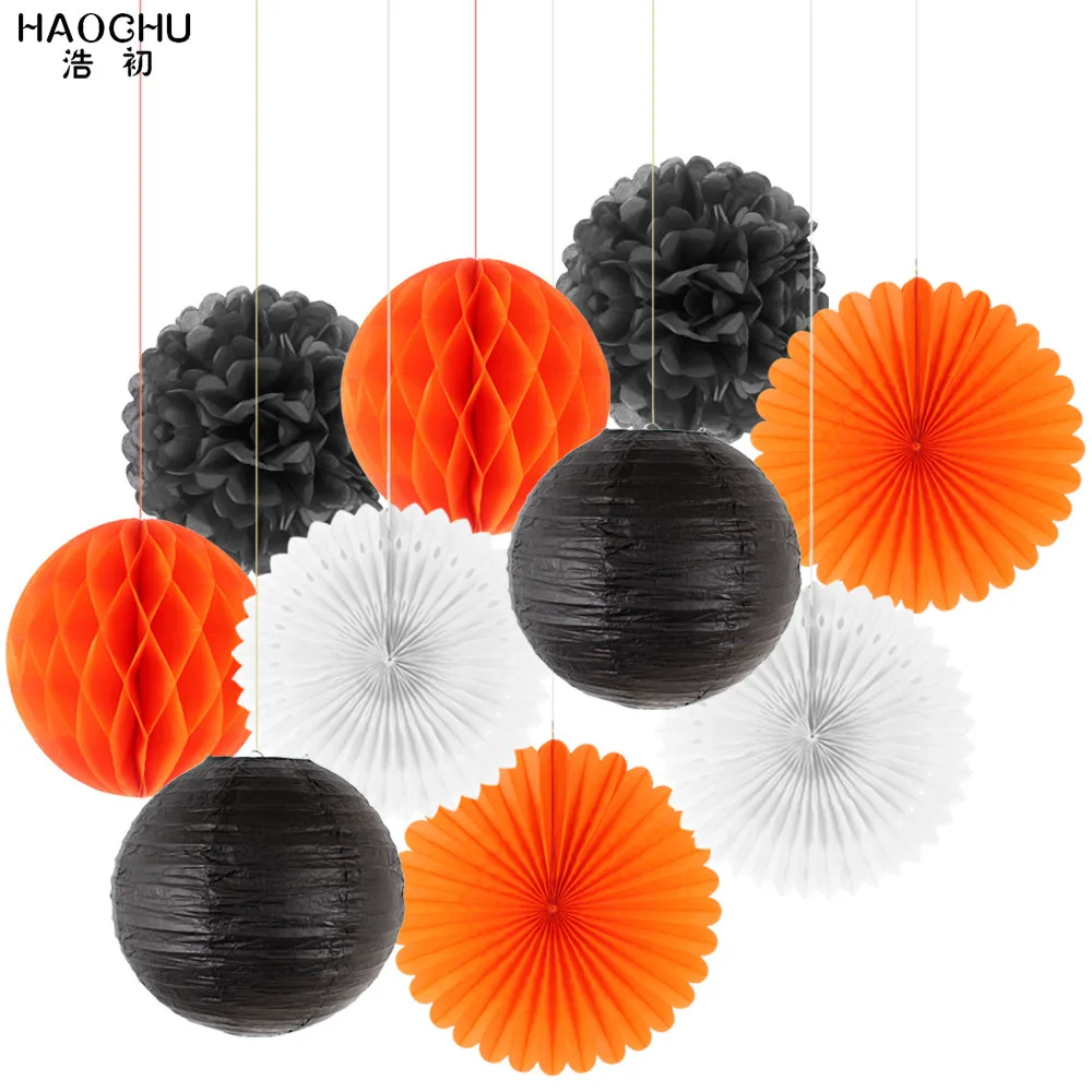 Black Orange 10 шт./лот, смешанный бумажный подвесной шар, набор для декора, Круглый Китайский бумажный фонарь/цветок/веер для дня рождения, свадьбы, украшения, подарок - Цвет: Black Orange