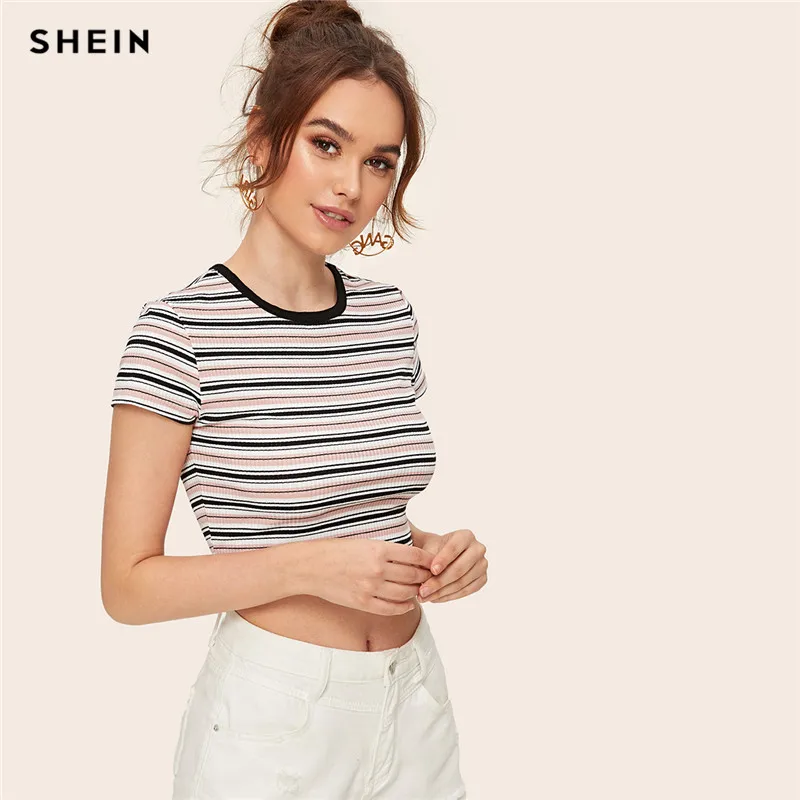 SHEIN контрастная лента полосатая ребристая Футболка женская повседневная с коротким рукавом эластичная летняя футболка с круглым вырезом приталенный кроп женский топ