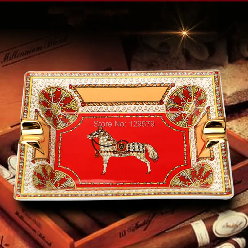 Luxiry Gadgets Retro Square Horse Pattern Red Ceramic Cigar Ashtray with 2 Rests | Ashtrays