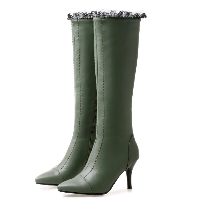 

Olomm New Women Winter Knee High Boots Thin High Heels Boots Sexy Pointed Toe Black White Green Prom Shoes Women US Size 3-16
