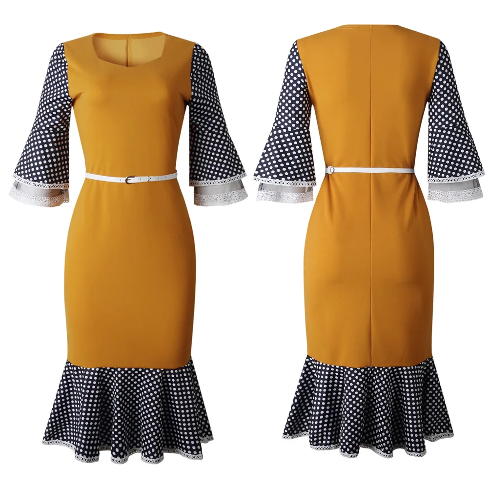 Женское платье скромное тонкое лоскутное с поясом на талии в горошек