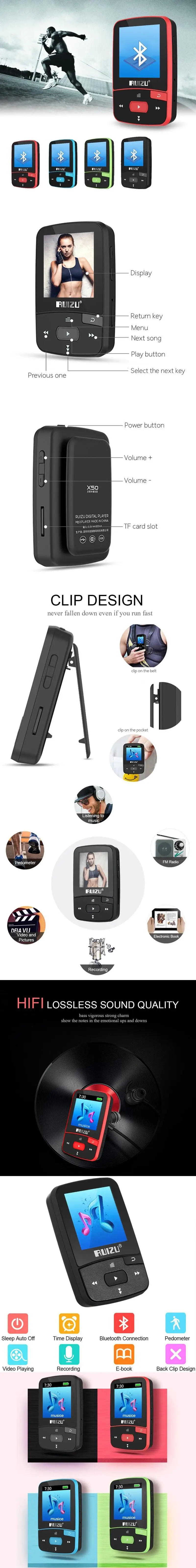 Ruidu X50 Спортивный Bluetooth MP3 музыкальный MP3 плеер рекордер FM радио Supprot SD карта клип Bluetooth MP3 плеер 8 ГБ 4 цвета на выбор