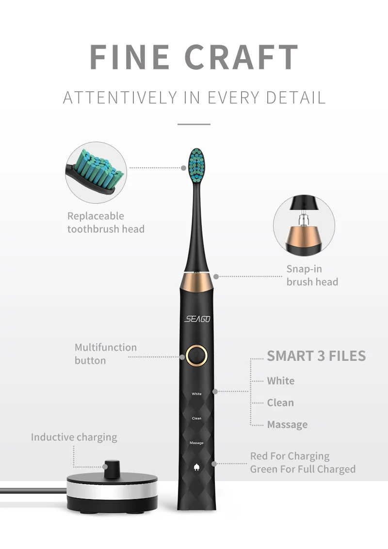 SEAGO электрическая зубная щетка перезаряжаемая USB звуковая зубная щетка 3 режима Водонепроницаемая IPX 7 чистые отбеливающие зубы с 3 щеточными головками SG987