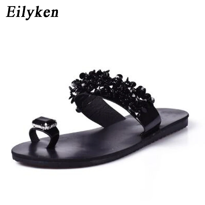 Eilyken; Летние шлепанцы на плоской подошве с цветами и кристаллами; пикантные повседневные Модные женские пляжные вьетнамки; женские сандалии; цвет серый, черный