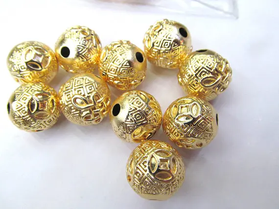 6 шт 18K ТВЕРДОЕ желтое золото круглый шар резной Шарм Кулон 14 16 мм|pendant round|pendant