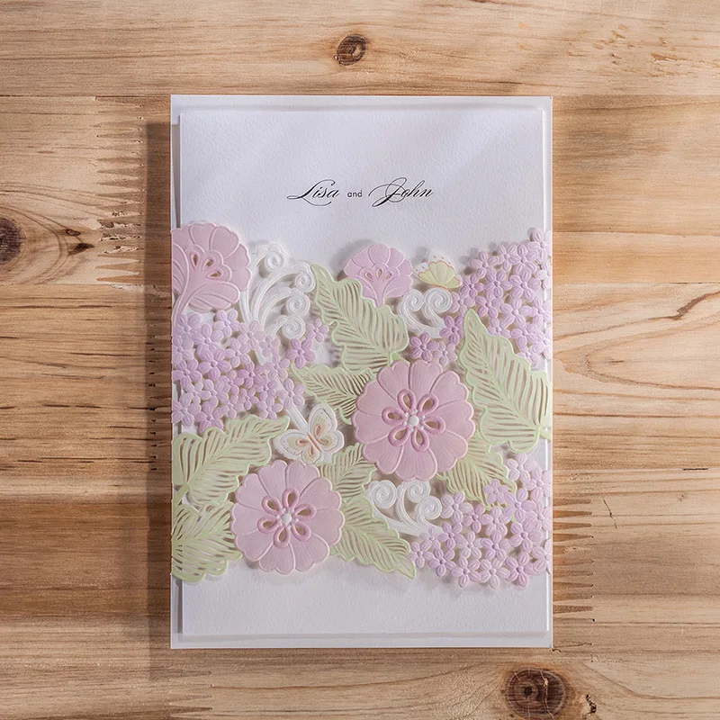 Персонализированные розовый Флора Дизайн сложил карты свадебные приглашения|lot