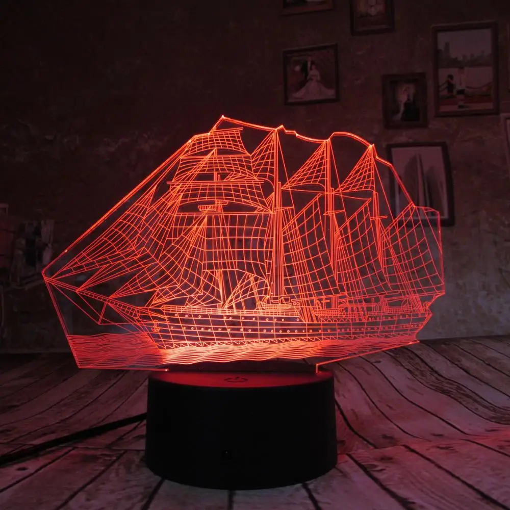 Парус корабль лодка 3D лампа Оптическая иллюзия ночник для детского сада 7