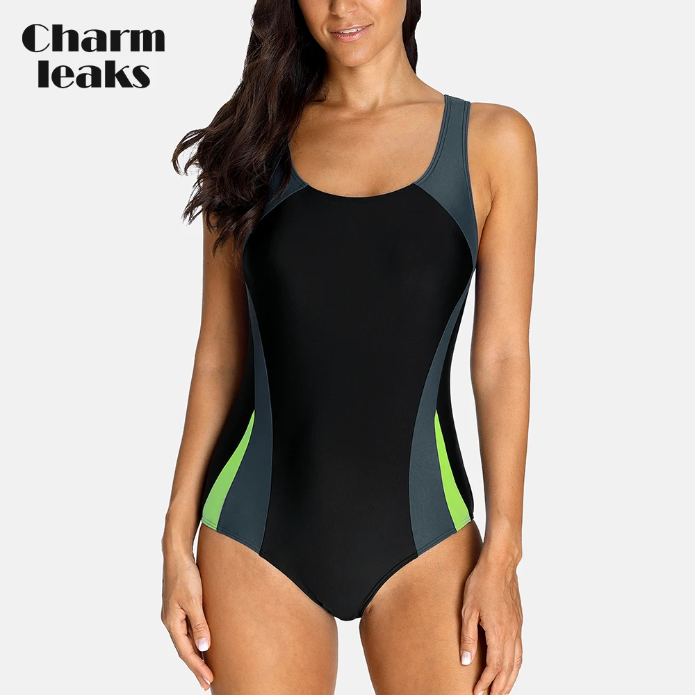 

Charmleaks One-Piece Women Sports Swimwear Sports Swimsuit Patchwork Beachwear Bathing Suit Padded Bikini Monikini