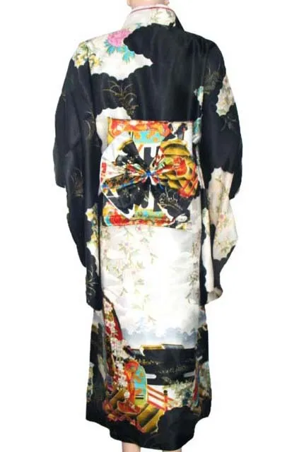 Черные женские японской платье кимоно с принтом вискозная юката хаори поясом