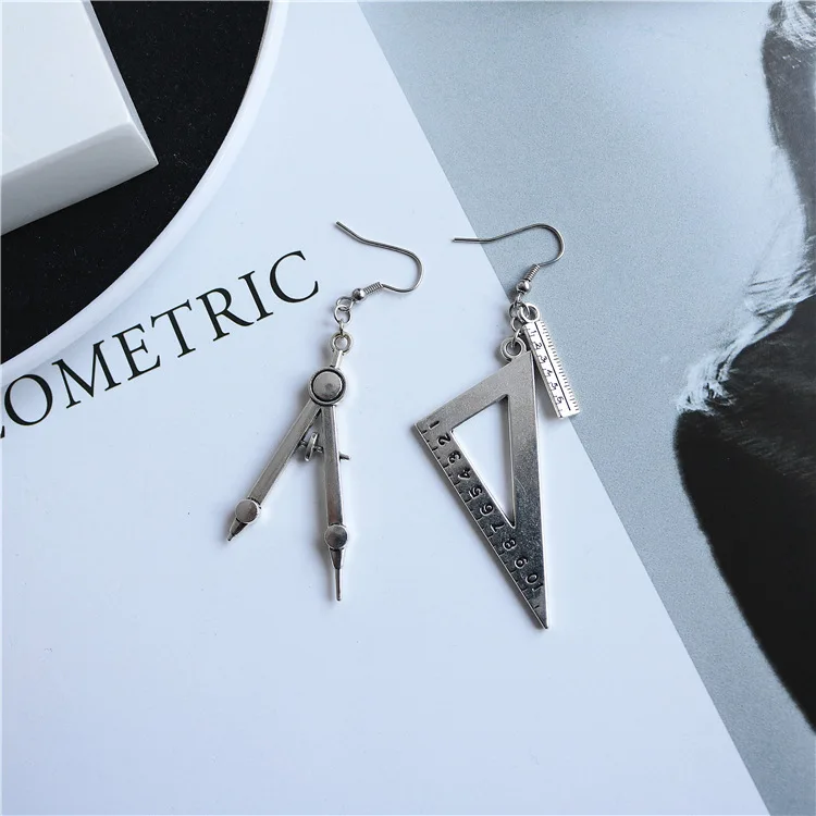 A174 Punk Retro Statement Big Silver Harajuku Spoon Fork Triangle Ruler Scissors Earings Women Jewelry Bijuteria Gifts | Украшения и