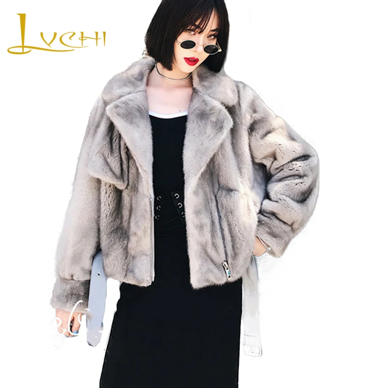 

LVCHI Winter 2019 Motorcycle jacket Real Mink Fur Coat Women's Long Sleeve Belt Coat Short Turn-Down Collar 6 Color Mink Coats