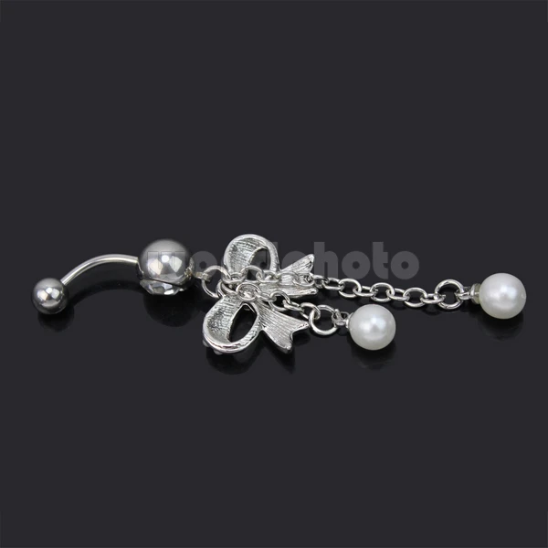 2017 New Pretty 316L Stainless Steel Pearl Butterfly Bow Belly Navel Ring Dangle Jewelry |