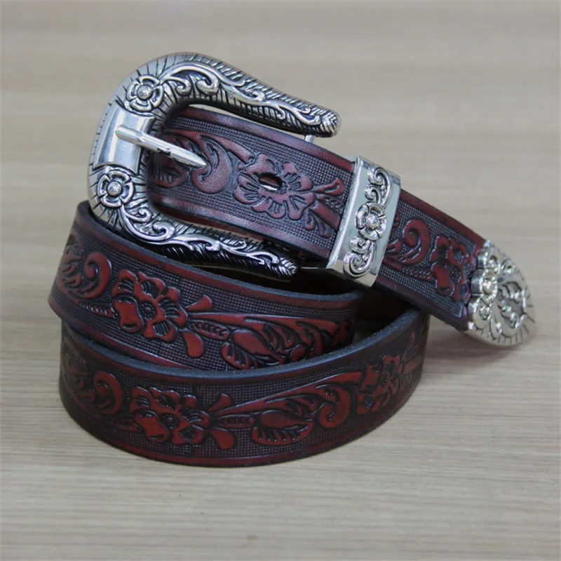 Punk Harajuku Cowskin Genuine Leather Belts for Women Floral Rose Carved Fashion Buckle Women's Belt Novelty Vintage Waist | Аксессуары