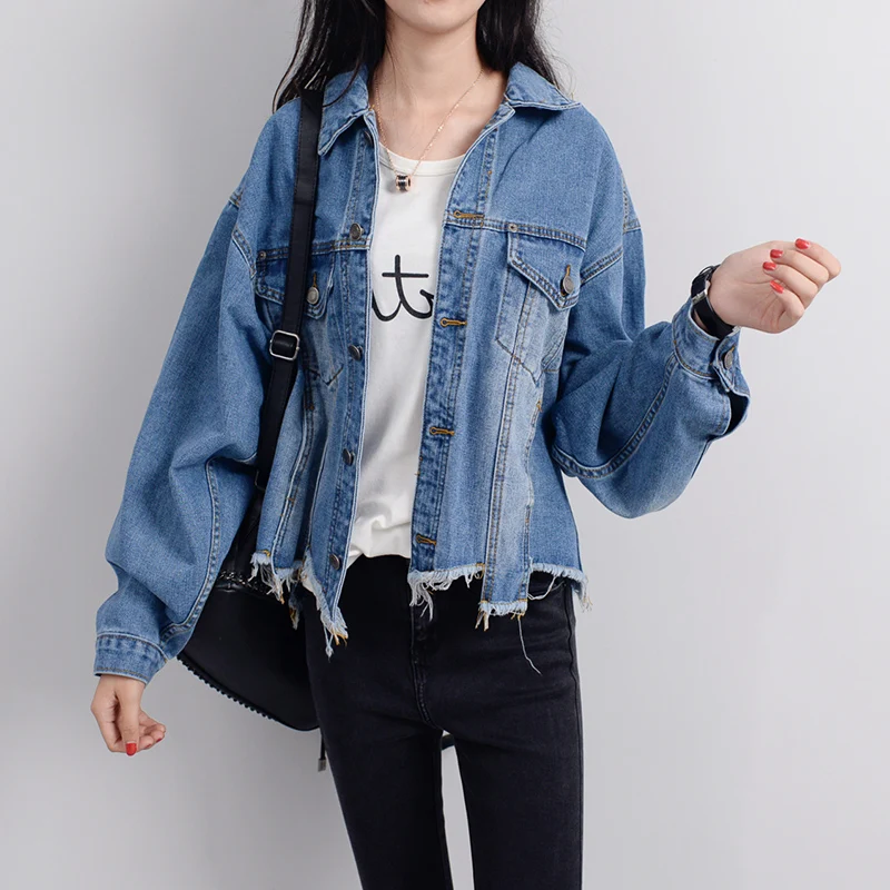 Vetevidi Autumn winter new bite tassel hem loose bat sleeve denim jacket female 6985# | Женская одежда