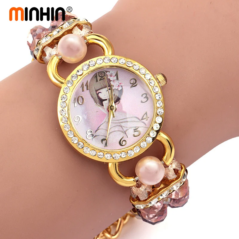 MINHIN модные часы женские студенческие хрустальные браслет кварцевые наручные