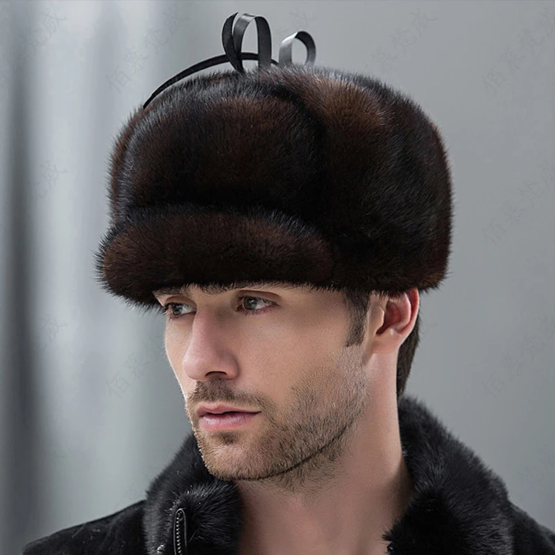 

2020 Real Whole Men Mink Fur Hat Russian-Style Winter Men Warm Fur hat Luxury Super Warm Ear Bomber Fur Genuine Mink Cap MZ-01