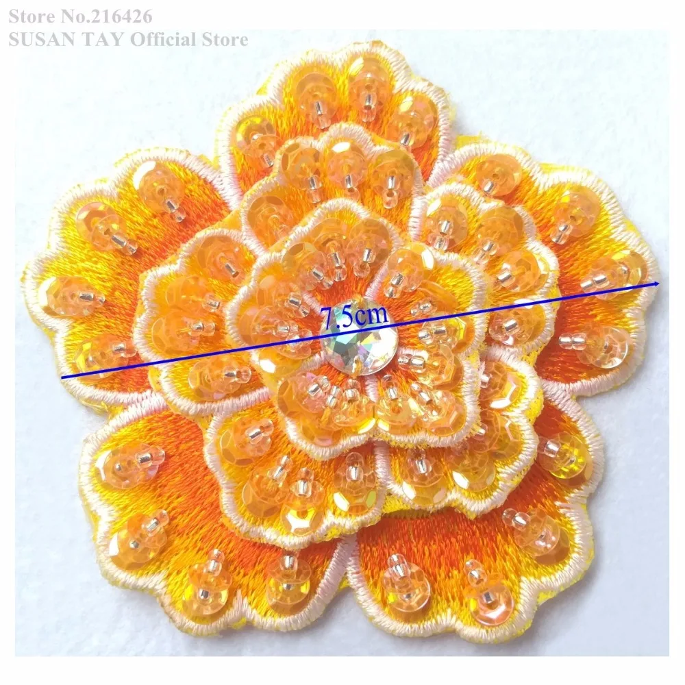 New Yellow Sequined Beaded 3-Layer 3D Flower Embroidery Patches Lace Applique Dancing Dress Costume Decorating 10pcs/lot BNC143E | Дом и сад