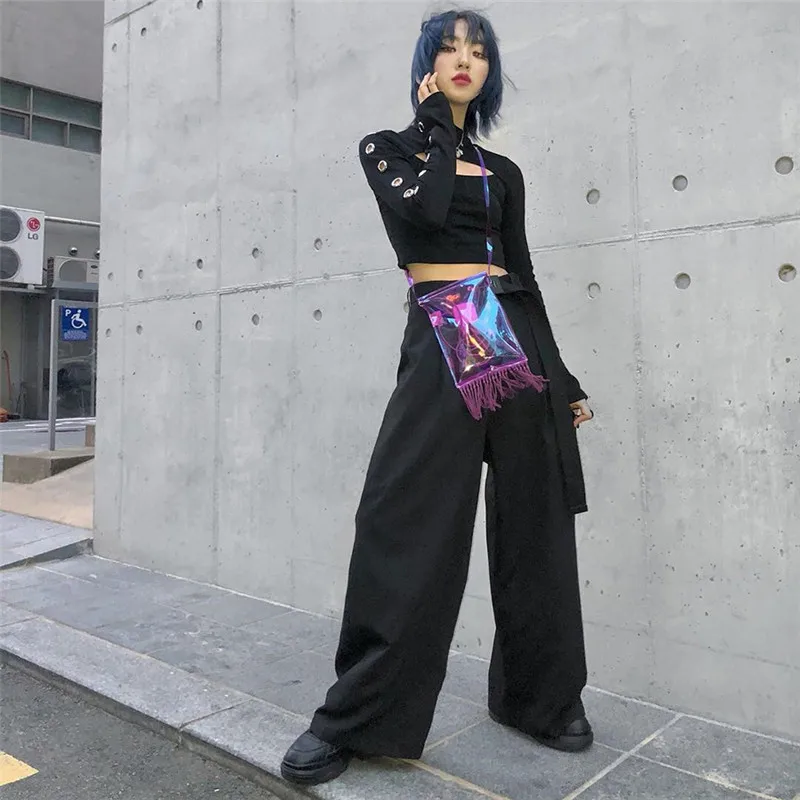Harajuku черный углубление грудной клетки футболки Для женщин Украшенные