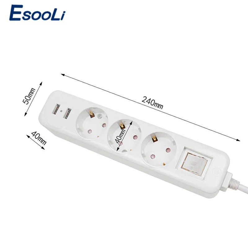 Удлинитель Esooli с двумя USB портами для зарядки и европейской