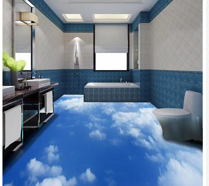 Голубого неба и белых облаков 3D пол ПВХ Самоклеящиеся обои украшения дома для