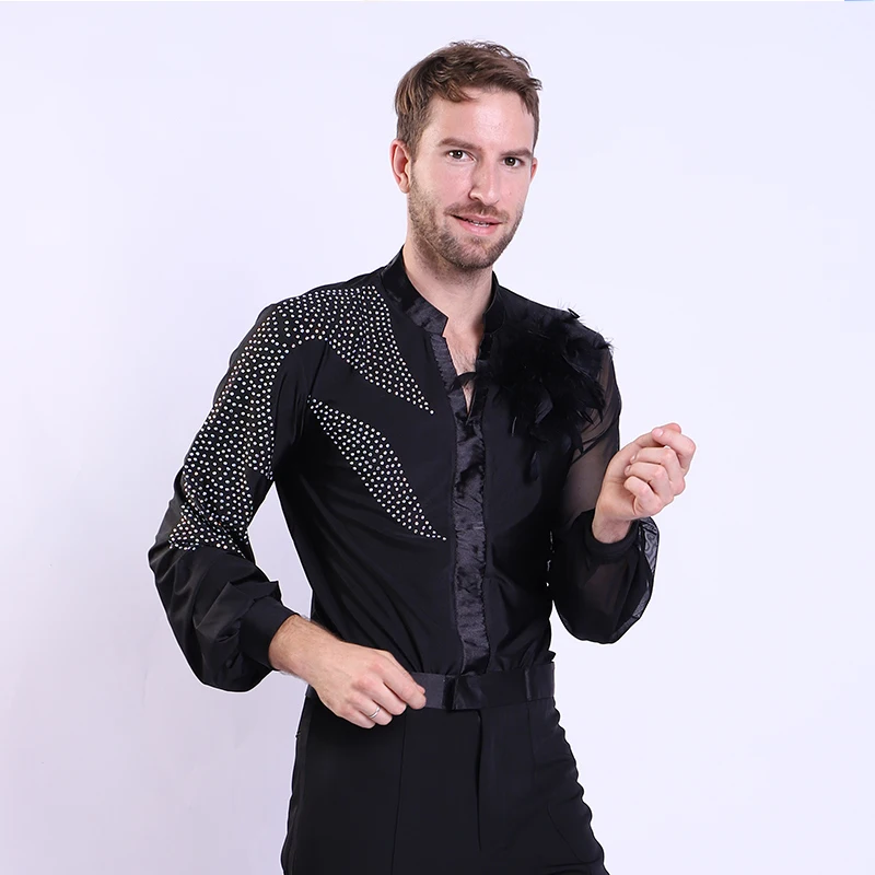 

New Latin Dance Tops For Men Black Rhinestone V Collar Clothes Cha Cha Shirt Professional Competition Latin Dance wear BL1835
