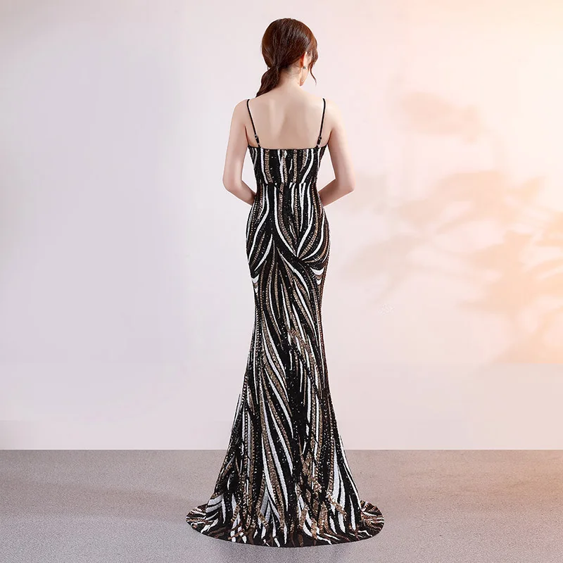 

Sladuo Black Sleeveless Sequined Striped Sexy Deep V Long Floor Length Long Slim Mermaid Dress Bodycon Maxi Evening Party Dress