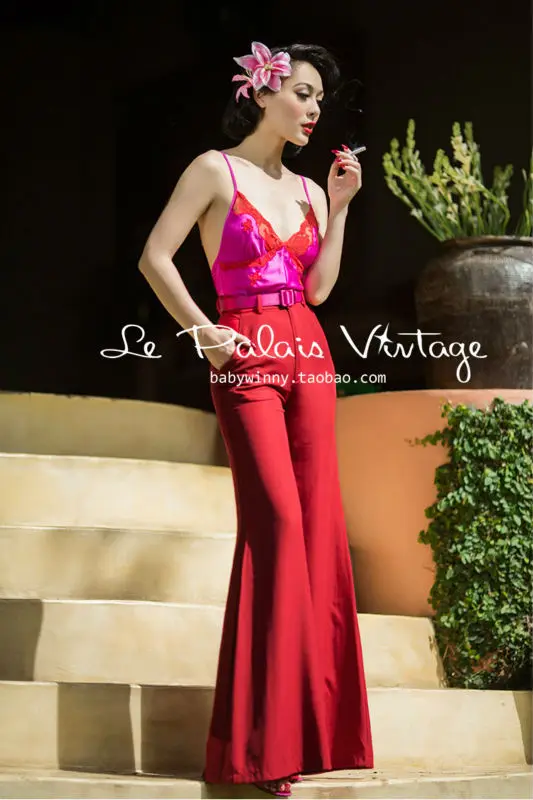 FREE SHIPPING Le Palais Vintage elegant retro classic dark red waisted skinny all-match wide leg pants