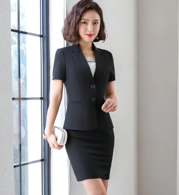 Black coat and skirt Новые модные женские формальные Брюки Костюмы Набор Бизнес темперамент короткий рукав Тонкий Блейзер и брюки офисная Дамская Рабочая одежда - Цвет: Black coat and skirt