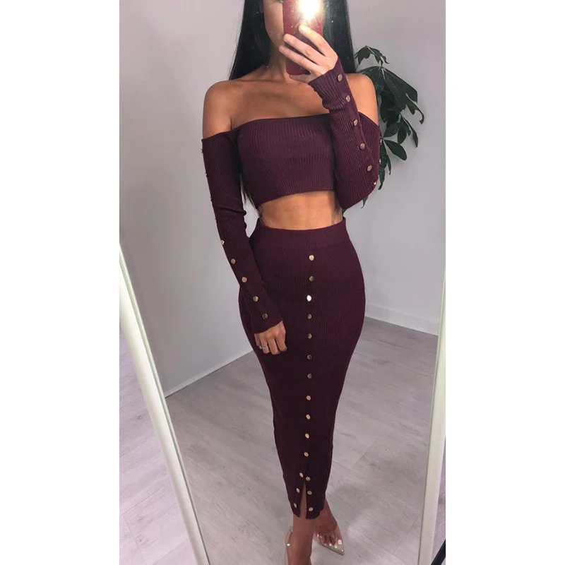 Autumn Winter Women Off Shoulder Long Sleeve Sexy Slim Two Piece Strapless Party Dresses Casual Sweater Dress | Женская одежда