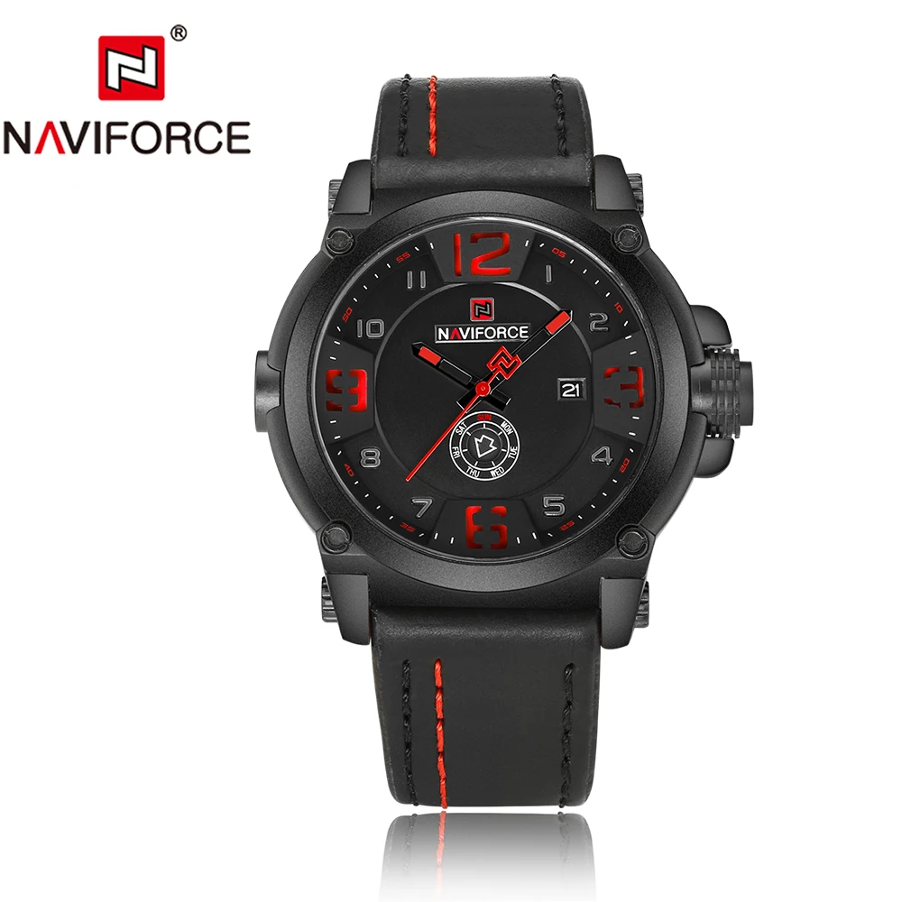 black red NAVIFORCE Топ люксовый бренд мужские спортивные военные кварцевые часы Мужские Аналоговые часы с датой Кожаный ремешок наручные часы Relogio Masculino - Цвет: black red