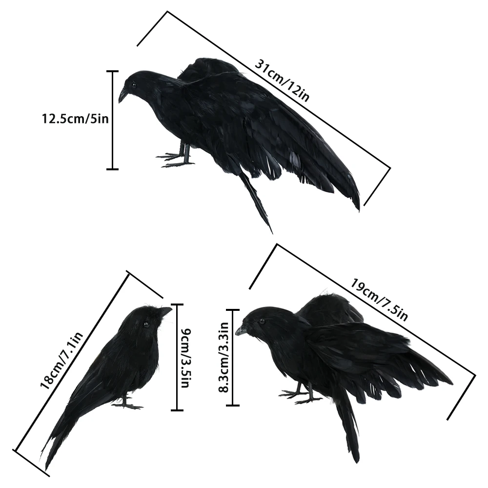 

3Pcs Halloween Realistic Handmade Crow Prop Black Feathered Crow Fly Stand Crows Ravens Crow Household Decoration Accessories