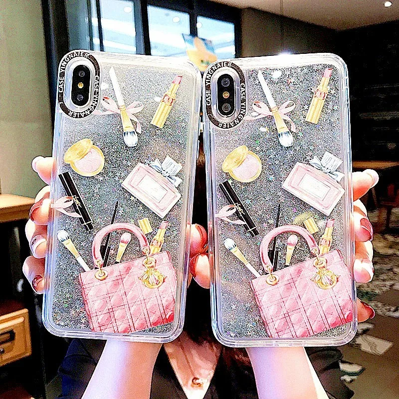Косметический чехол с сияющими блестками чехол для iPhone 7 XS Max XR X 6 8 Plus жесткая динамическая жидкая косметика Помада флакон для парфюма чехол для телефона