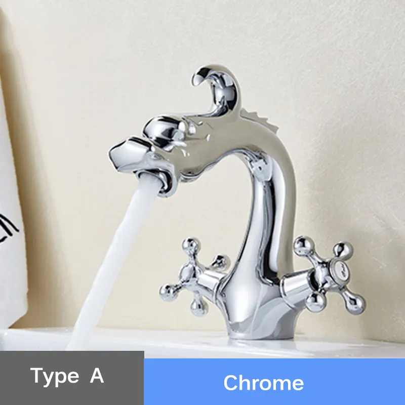 A Chrome Хромированный кран в стиле дракона для ванной комнаты, кран для раковины, латунный кран с двойной ручкой для холодной и горячей воды в форме животного, смеситель для ванной комнаты - Цвет: A Chrome