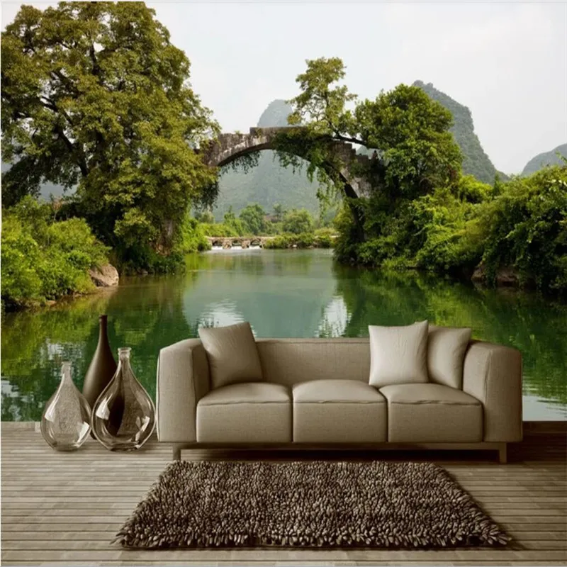 

Custom wallpaper bridge water green fresh 3d background wall decoration - high-grade waterproof material