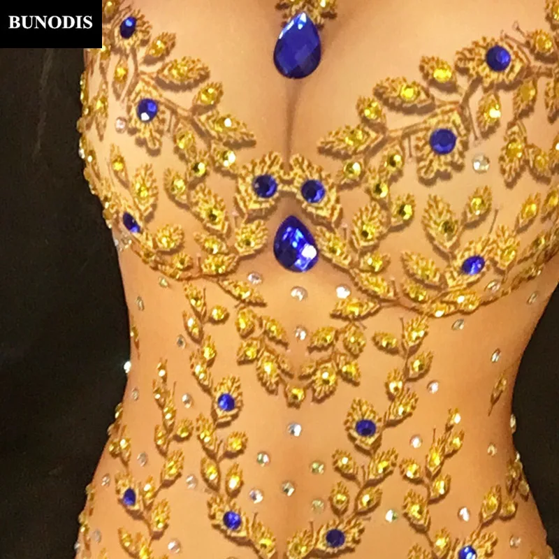 BU058 Gold Queen Full Of 1600 PCS Sparkling Crystals Stones Jumpsuit Christmas Celebrate Nightclub Performance Stage Bodysuit | Женская