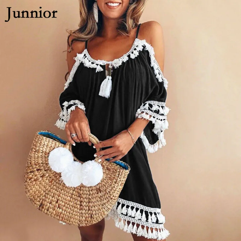 Junnior Summer Fashion Strap Ladies Dress Off The Shoulder Dresses Women Batwing Sleeve Loose Tassel Femme Vestidos | Женская одежда