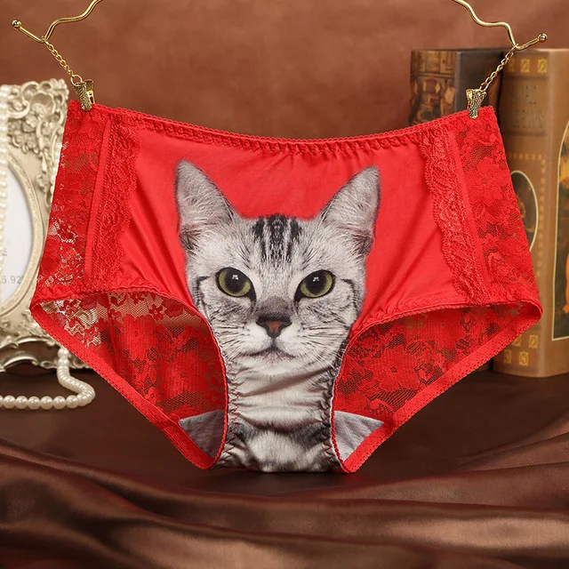B Red Сексуальные трусики с 3D котом, кружевное нижнее белье для женщин, милые бесшовные трусы, женские хлопковые трусы со средней посадкой, Прозрачное нижнее белье, нижнее белье - Цвет: B Red