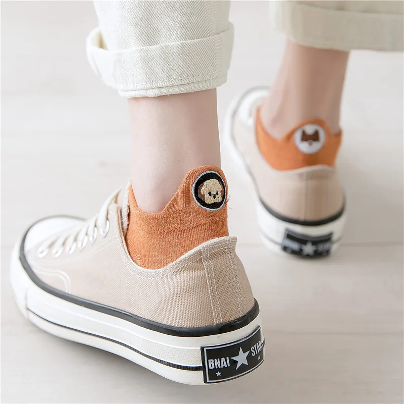 Japanese Kawaii Embroidered Expression Funny Socks Women Happy Fashion Ankle Women Cotton Puppy Bear Boat Summer Cute Fuzzy Sock